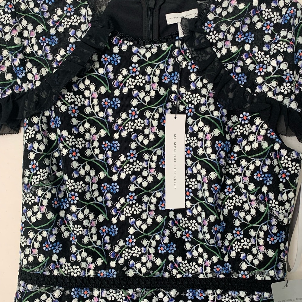 NWT, Monique Lhuillier Floral Embroidered Mesh Midi Dress, size 8